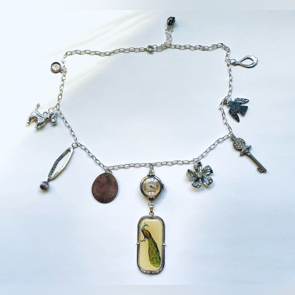 Vintage Jewelry - Silver Found Object Charm Necklace With Peacock Charm